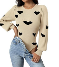 NWOT Women's Cream Long-Sleeve Bodysuit Sz Lg Thong Beige Black Heart Flirty