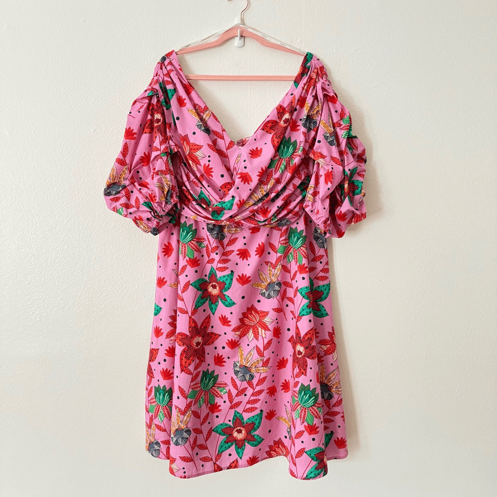 Eloquii Women's Size 18 Plus Pink Floral Puff Sleeve Mini Drape Dress
