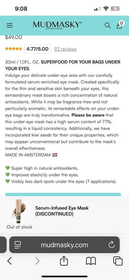 Mascarilla de ojos con infusión de suero Mudasky 30 ml/1 fl oz - sellada - nueva - tamaño de viaje Foto 3 de 3