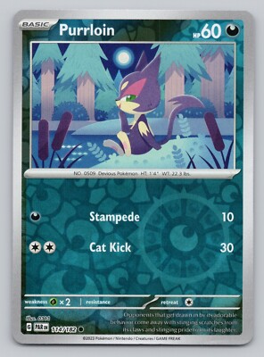 2023 Purrloin Pokemon Card Paradox Rift Reverse Holo #114