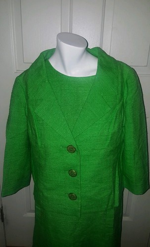 Vintage Saks Fifth Avenue 2 Piece Green shift Dress Suit Sz 16 jacket 100% silk - Picture 2 of 12