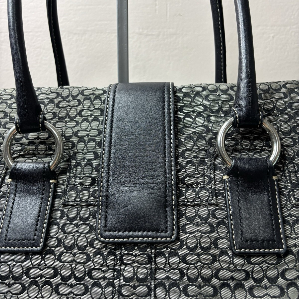 Coach F10929 Black Signature C Satchel, Canvas, Leather Trim, Flap 