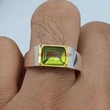 Natural Peridot Gemstone with 925 Sterling Silver Ring for Men's #521