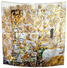 Large 35"x35" Handmade 100% Silk Twill Scarf Wrap w/ Klimt's "The Tree of Life"