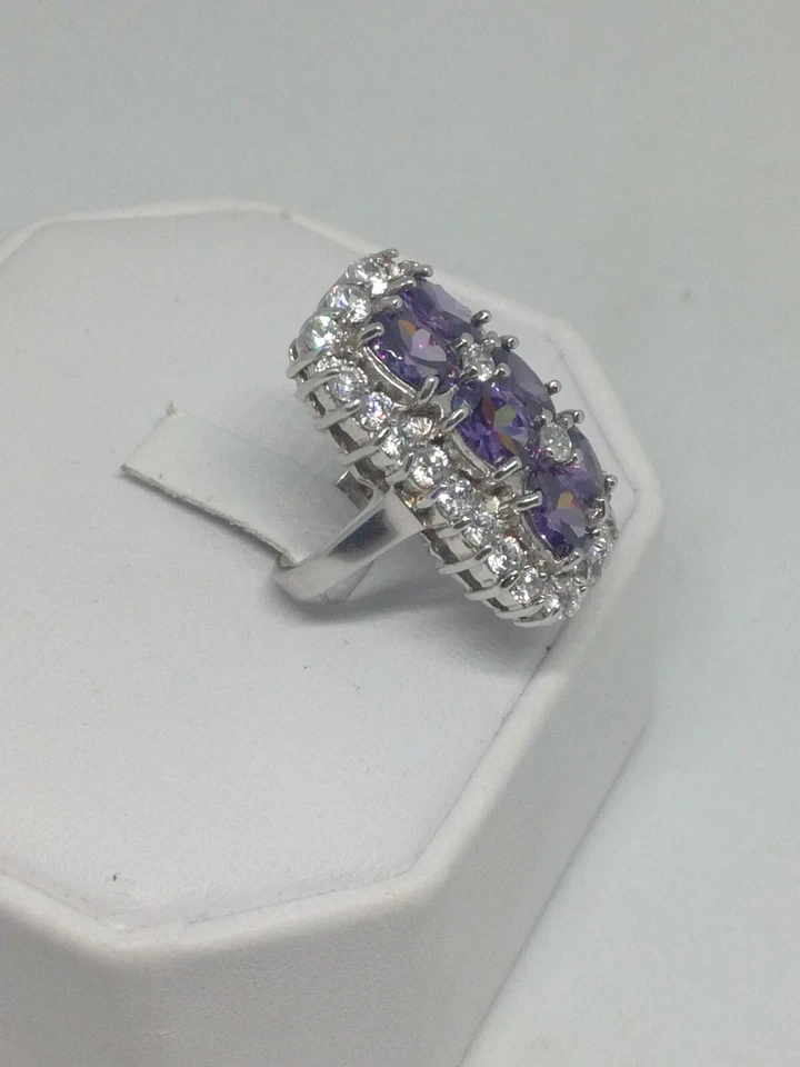 Anello donna ARGENTO RODIATO FASCIA ZIRCONI BIANCHI AMETISTE MIS 10 - Immagine 2 di 4