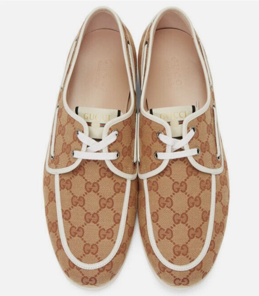 Chaussures bateau toile homme Gucci logo original GG marron et blanc G11/US 11,5