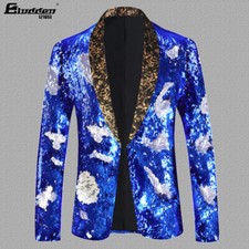 Men's Glitter Stage Sequins Blazers Performance Costume Bar Single Jackets Coats