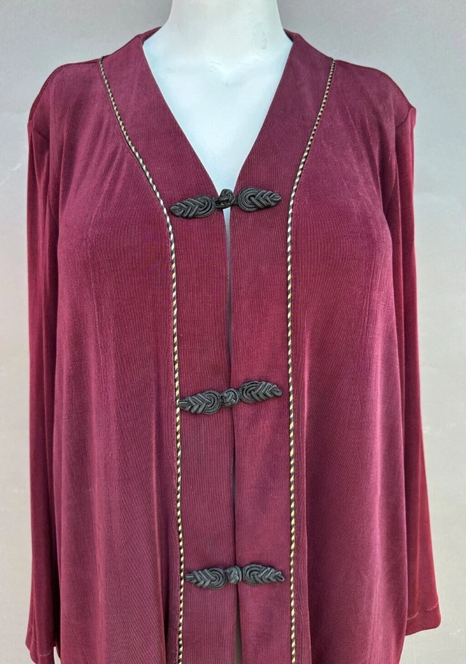 Citiknits Tunic Jacket L Maroon Knot Frog Button Long Sleeve Wrinkle Resistant - Image 3 of 4