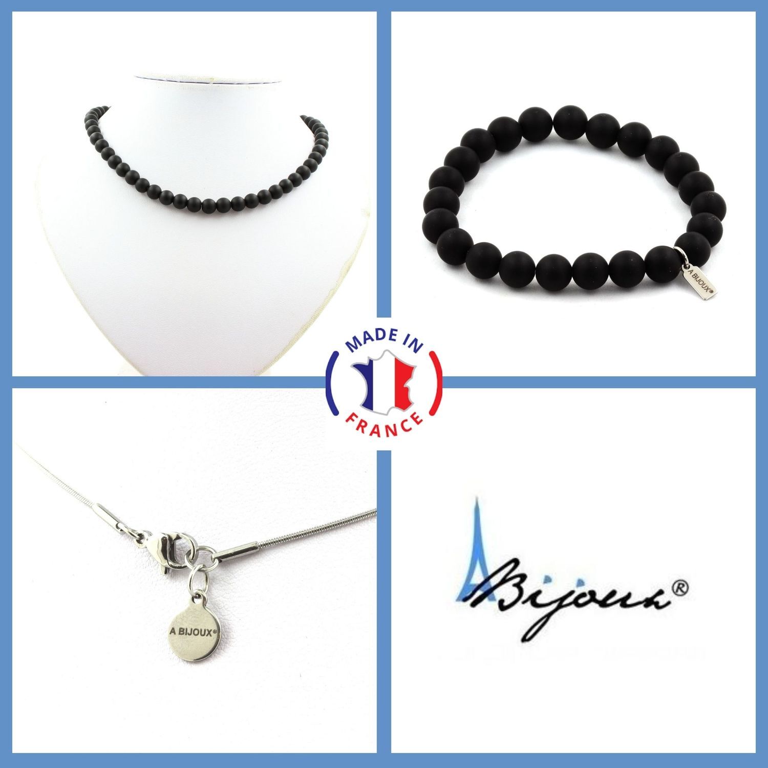 Parure bijoux Onyx noir mat 8 mm, ensemble collier et bracelet pour homme et femme