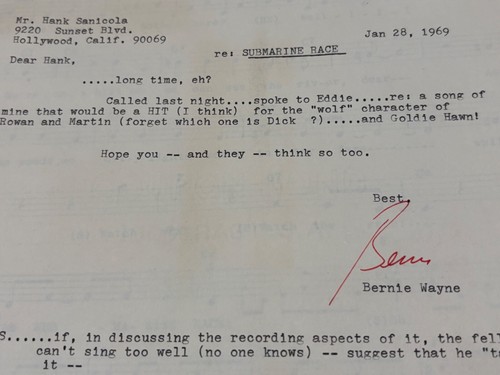 Blue Velvet Composer Bernie Wayne autograph signed letter song Submarine Race - Picture 3 of 3