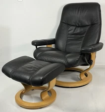 Ekornes Stressless Large "Consul" Black Leather Swivel Recliner Chair & Ottoman