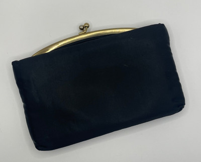 VTG 50s 60s Stylemark Clutch Purse Evening Bag Black Satin Gold Kiss Lock Clasp