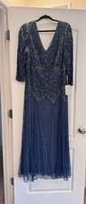 Pisarro Nights Navy Beaded V-Neck Long Sleeve Evening Gown