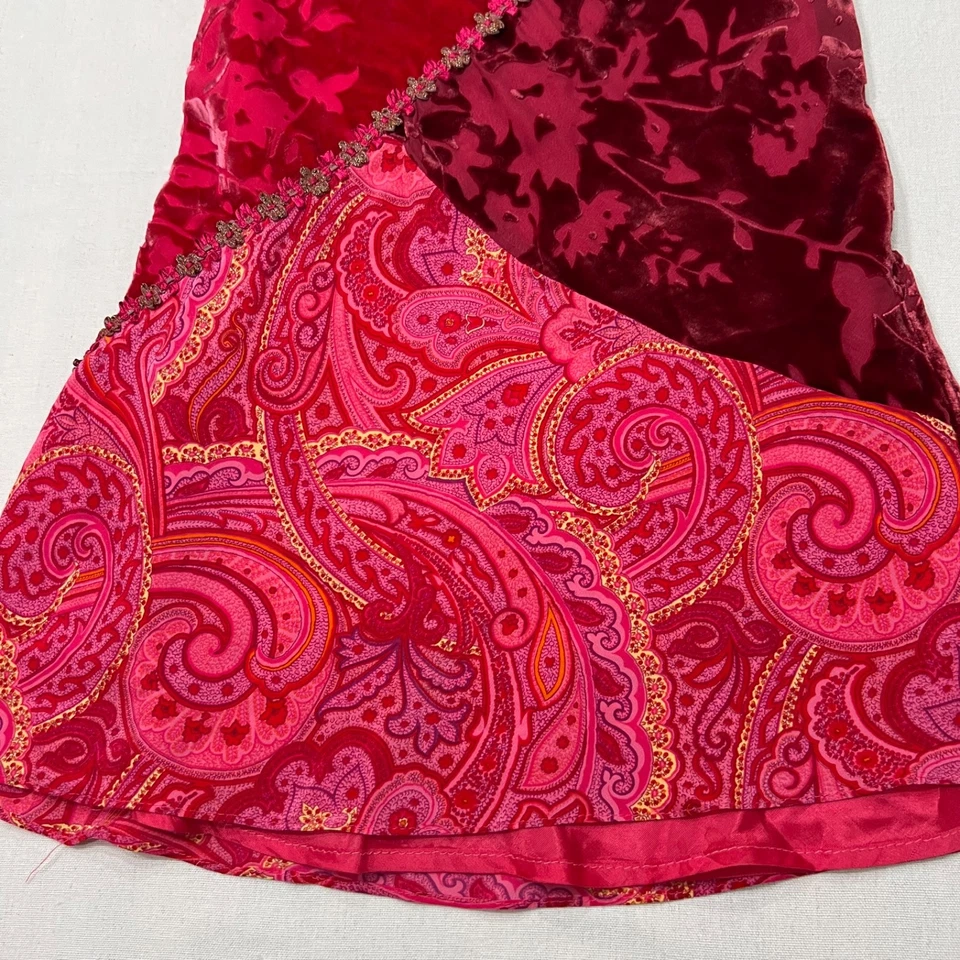 Falda Midi Vintage Y2K Boho Patchwork Seda Rosa Terciopelo Paisley Estampado Floral XS Foto 4 de 4