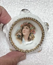 Vintage Blue Tiny Floral Hand Painted w Gold Open Salt Dip 1 3/4 x 1/2 Inch