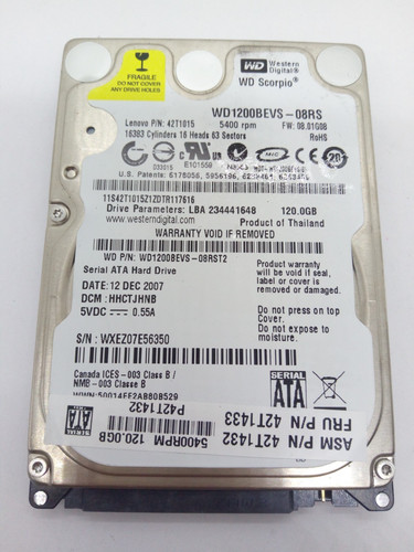 WESTERN DIGITAL *WD1200BEVS-08RST2* 120GB* SATA HDD Notebook 2,5 Zoll #NFP1877