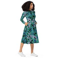 Blue Leaf Midi Dress - Teal Botanical Floral