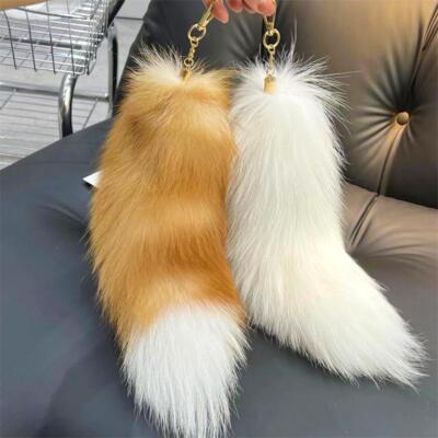 40cm Real Fox Fur Tail Keychain Wolf Tail Fur Tassel Bag Charm Tag Black and Bro