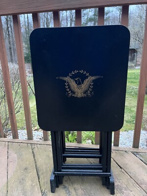 Four Black W/Eagle Vintage Artex Folding TV Snack Trays With Stand