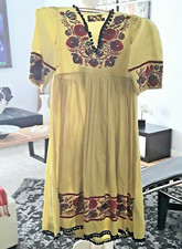 Vintage Bohemian Floral Embroidered V Neck Mexican Wedding Cotton Midi Dress XS