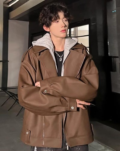 Informal Nuevo Para hombres Punk Capucha Cremallera Solapa Chaquetas Suelto Imitación Cuero Abrigo Otoño - Imagen 10 de 11