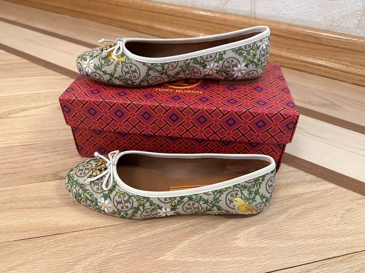 TORY BURCH T MONOGRAM CHARM CANVAS LEATHER EMBROIDERED BALLET SHOES SIZE 6.5