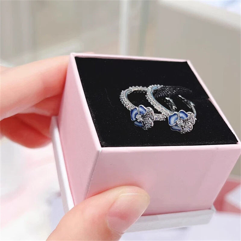 New 925 Sparkling Moments Blue Pansy Flower Stud Earrings - Image 2 of 4