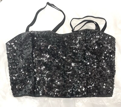 PINK VICTORIAS SECRET Black Sequin Cut-Out Back Bustier Bra Womens Lg Zipper