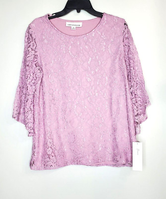 Caroline Rose Womens Orchid Tunic Top Lace Overlay Bell Sleeves SZ S Shimmer USA