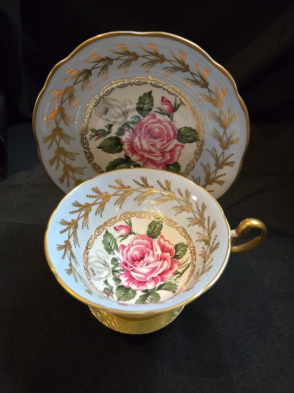 EB FOLEY CUP & SAUCER BLUE WITH GOLD GILT BAND PINK FLOATING ROSE, ENGLAND 