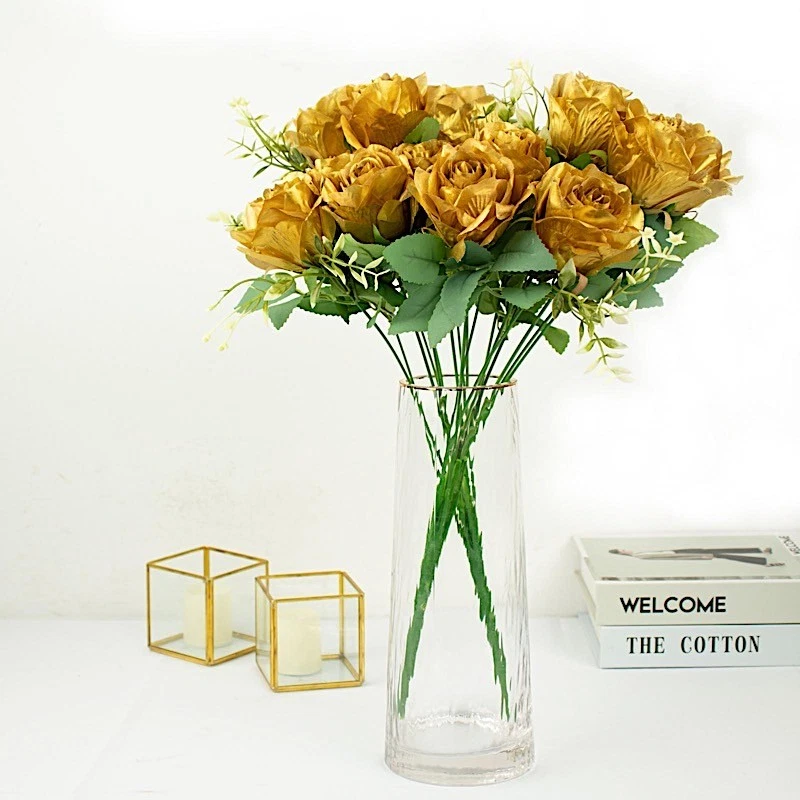 ORO 2 Arbustos 18" ARTIFICIAL Imitación Seda Rosa FLORES Ramo Boda Decoración Foto 3 de 4