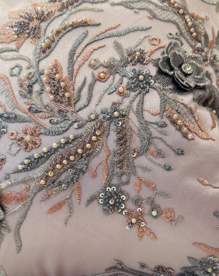 Blush Elegance Silk & Beads Embellished Luxury Throw Pillow - Insert Included - Image 4 of 4