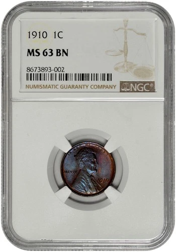 1910 1c Lincoln Wheat Cent NGC MS 63 BN with Purple Toning