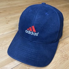 VTG Adidas Navy Blue Red Logo Spell Structured Snapback Hat 90s Cotton Taiwan