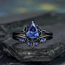 Vintage Pear Blue Cubic Zirconia Ring Black P...