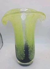 VTG Teleflora Lime Green/Blue Art Glass Vase Speckled Flared Lip Hand Blown 8"