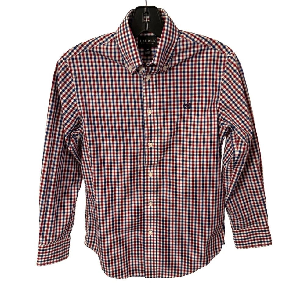 Camisa Ralph Lauren Black Label Youth Boys vermelha azul e branca botão para baixo tamanho 14 NOVA - Imagem 3 de 4