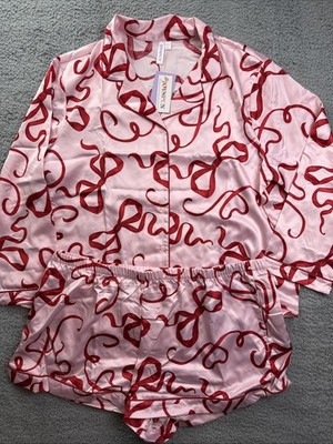 JoySpun Womens Plus Size 2X 18W/20W Pink Ribbons Satin Top & Shorts Pajama Set