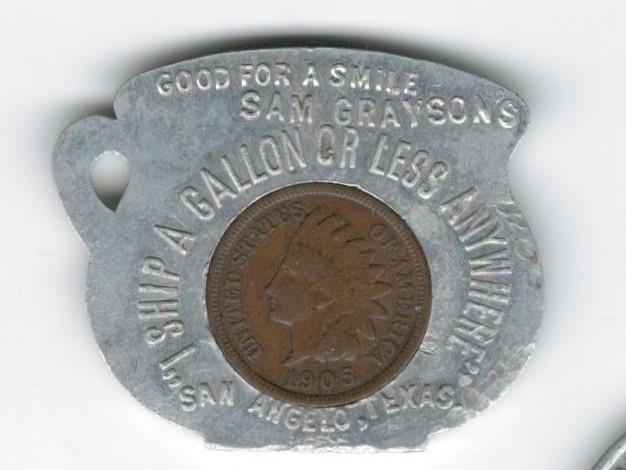 Good For A Smile Sam Grayson's SAN ANGELO, TEXAS----RARE ! Encased 1905 1¢ Token