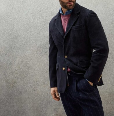 Navy Blue Leather Blazer Men Pure Suede Coat Jacket 3 Button Size S M L XL XXL