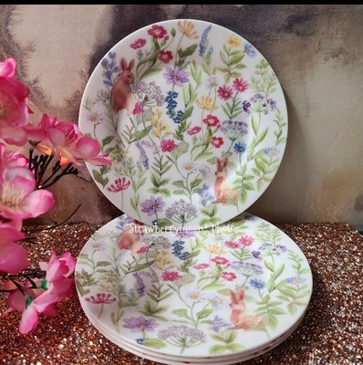 4 Gracie Bone China Wild flower Easter Bunny Rabbit Salad App Dessert Plates New