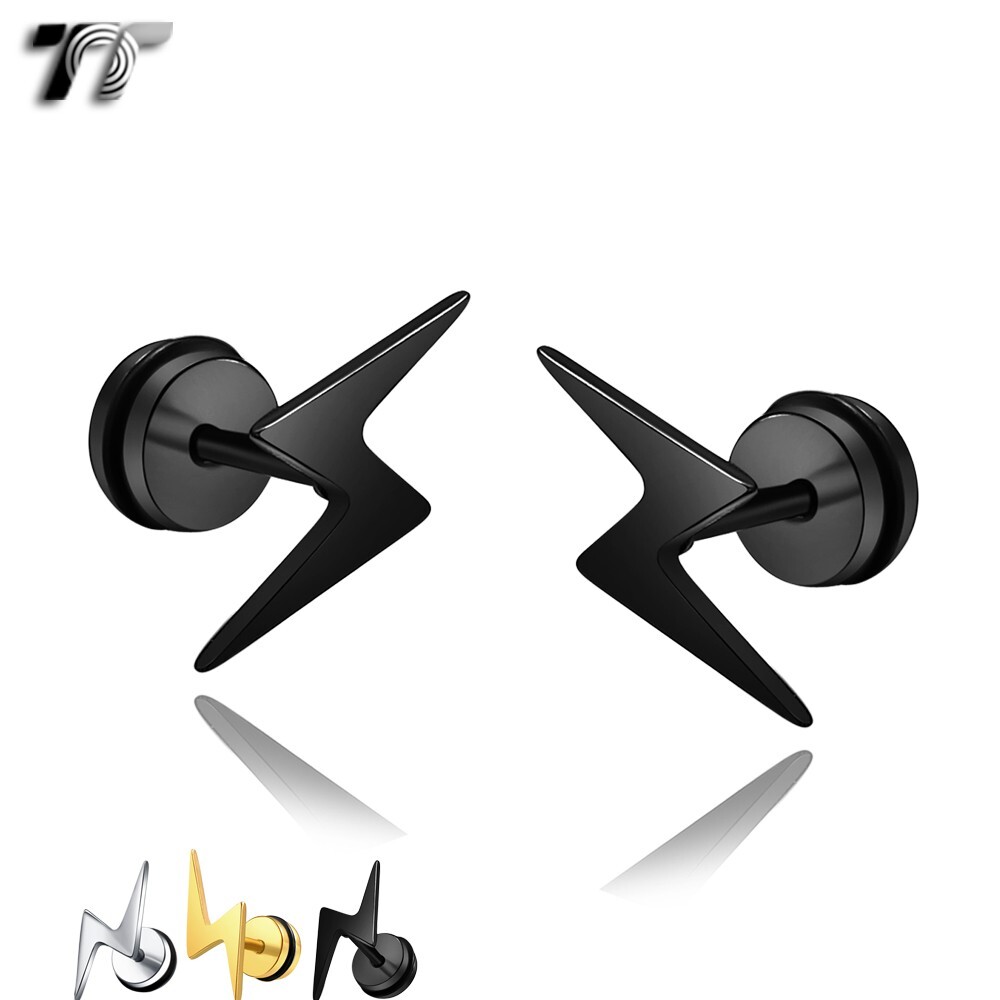 Black Fiber Fake Ear Plug Earrings – Surgical Steel & CZ, Screw-On, 16G, Pair, Unisex