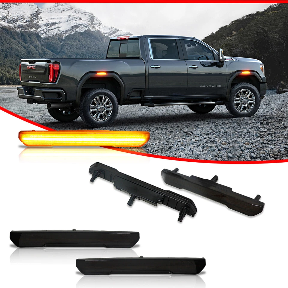 4 дымчатых передних и задних желтых светодиодных габаритных фонаря для 20–24 GMC Sierra 2500 3500 - Изображение 2 из 4