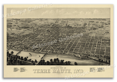 Bird's Eye View 1880 Terre Haute Indiana Vintage Style City Map - 16x24