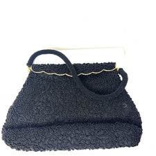 Vintage Hand Beaded Black Clutch Purse Hand Bag Handle British Hong Kong 50s