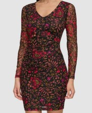 Guess Women's Black Floral-Print Long-Sleeve Mini Dress Size 0