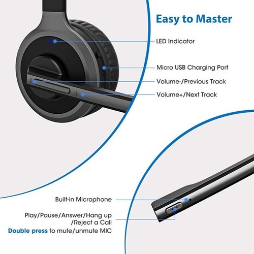Mpow M5 Bluetooth Headset with Microphone Wireless Headphones MIC for Car Office - Picture 5 of 12