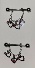 Pair CZ Centered 3 Hearts Dangle 316L Surgical Steel Nipple Barbell - Choose