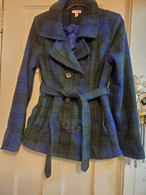 BONGO Blue Green Plaid Peacoat Jacket Size L LARGE JUNIORS POLY ACRYLIC WOOL BL.