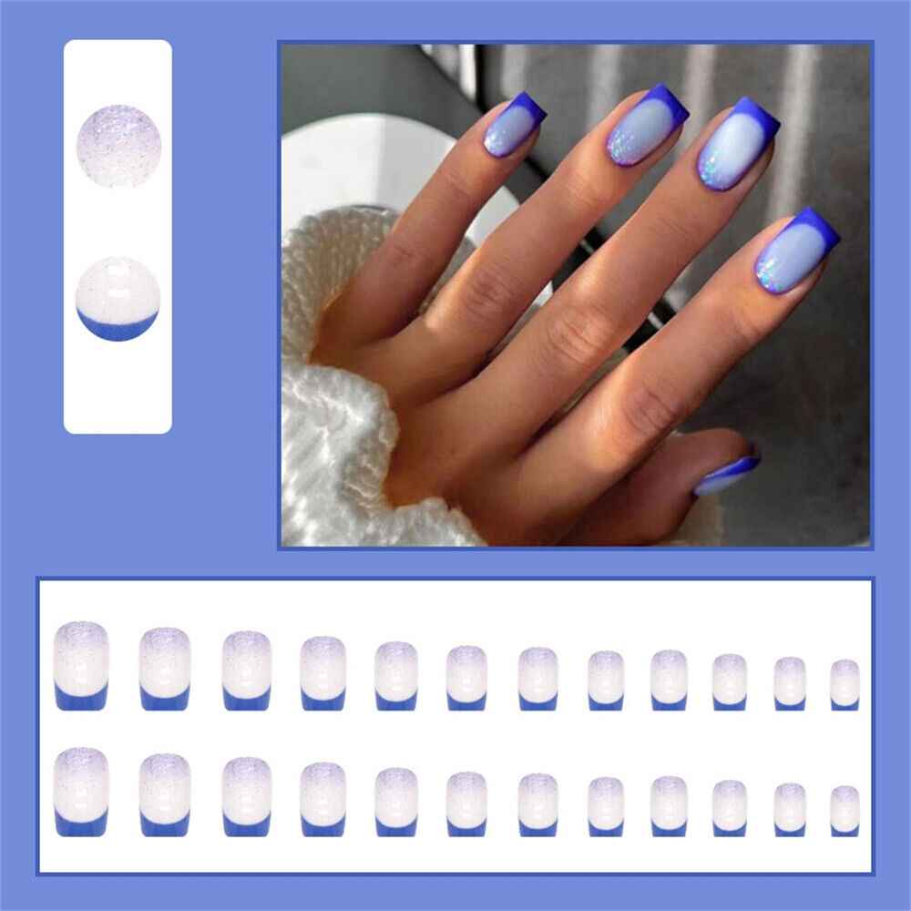 French Gradient Blue False Nail Short Square Press on Nails for Nail ...